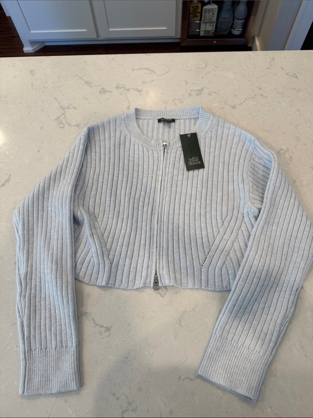 NWT XS Cropped Ribbed Zip-Front Sweater - Light Blue
